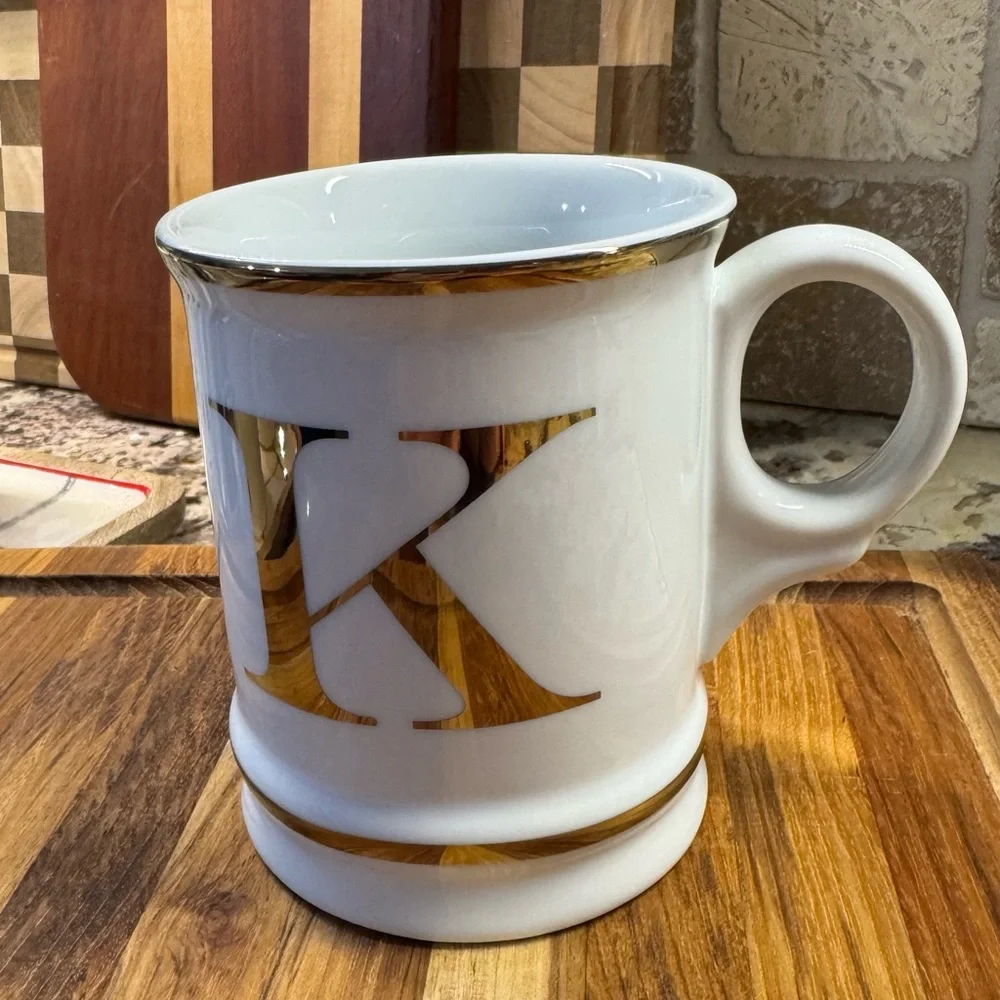 Williams Sonoma “K” Mug white with Gold Trim